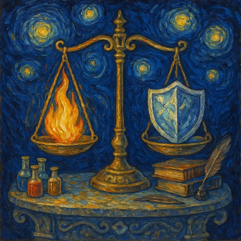 Van Gogh style painting of an alchemist's balance scale with a golden flame and silver shield, representing approach and avoidance motivation