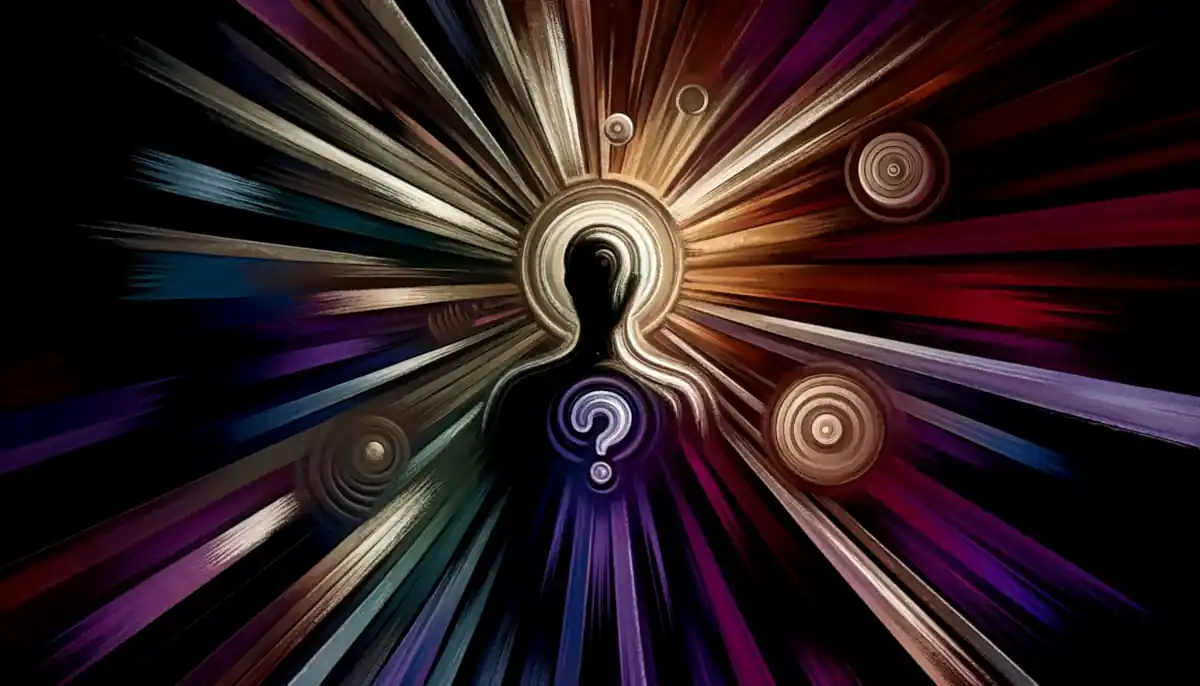 Abstract image of a silhouetted figure in dark tones, surrounded by dim rays and muted question marks. The colors shift from deep purples and blacks, representing pessimism, uncertainty, and a sense of doubt.