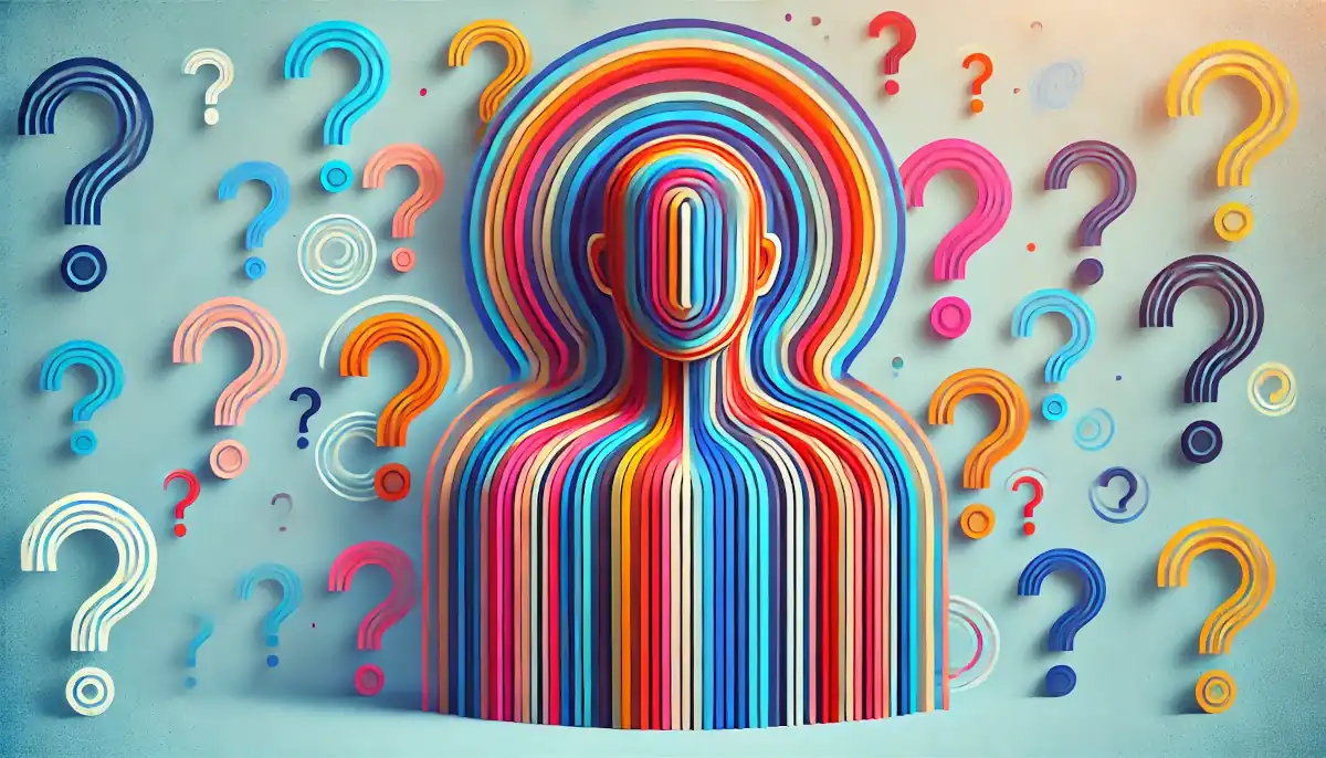 Abstract depiction of a human silhouette filled with colorful horizontal stripes against a background of assorted question marks, symbolizing the complex layers and questions involved in personality testing.