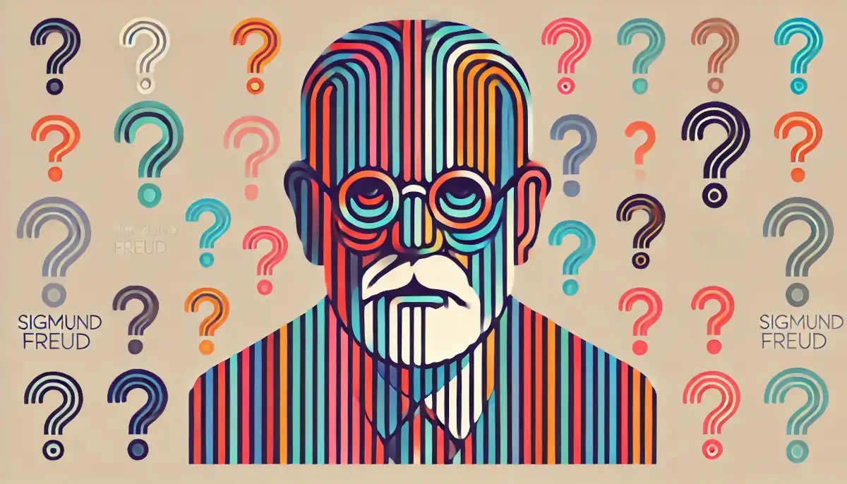 Abstract portrait of Sigmund Freud in vibrant, colorful stripes, symbolizing the layers of human personality and the exploration of the unconscious mind. The background is filled with question marks, reflecting Freuds pioneering work in psychoanalysis and the mysteries of personality development